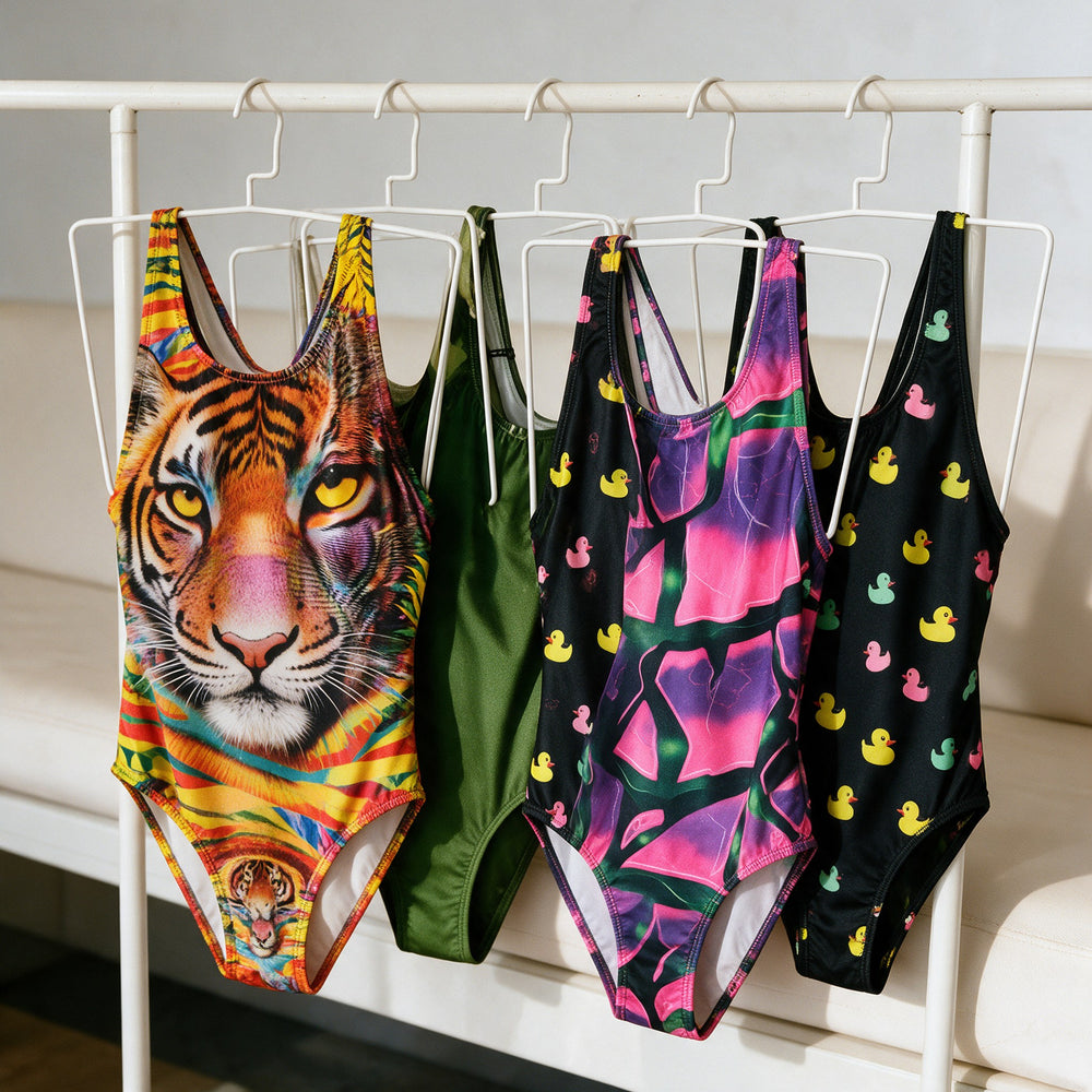 Costumi stampati BONESWIMMER appesi: tigre, astratto rosa e paperelle