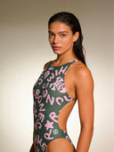 Bañador entero mujer de entrenamiento PINUP 388P - Logo Military + Rosa Claro