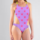 Costume intero donna da mare Dega L031DF - Lilla Stelle Rosso Fluo